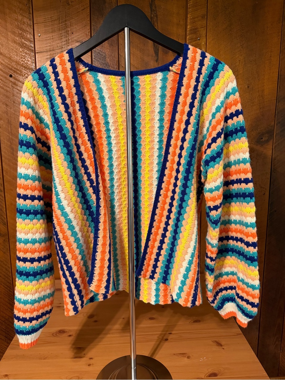 Bright Multi-Striped Open Cardigan Colorful Sweater M 70s Retro Whimsical